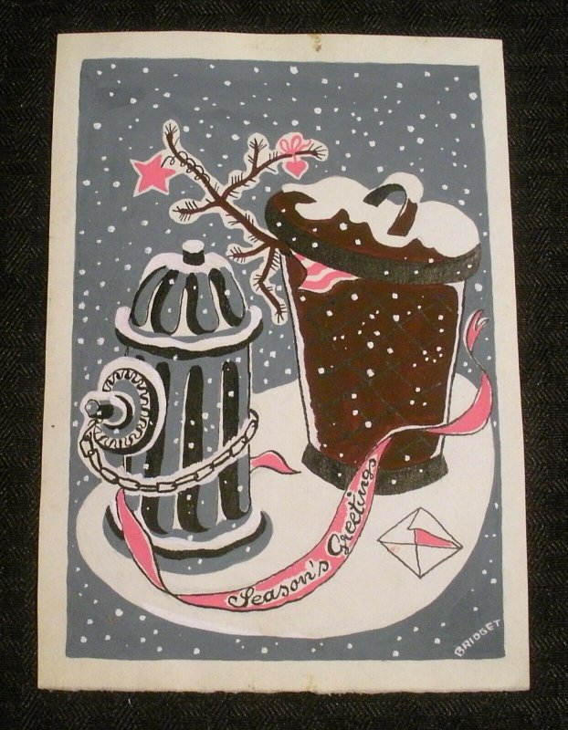 CHRISTMAS Greetings Garbage Can & Fire Hudrant 5x7 Greeting Card Art #2503