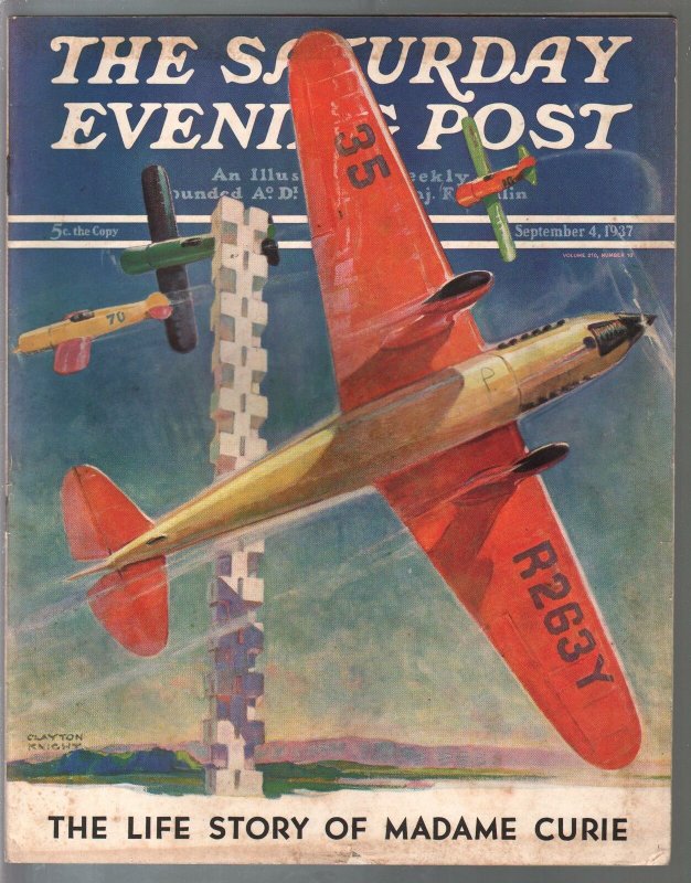 Saturday Evening Post 9/4/1937-air race cover-pulp fiction-Madame Curie-VG/FN