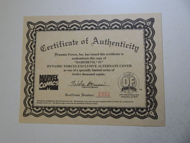 Daredevil #1 Dynamic Forces Cover (1998) W/ COA! VF Condition