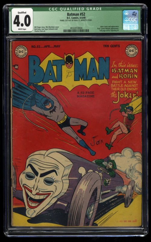 Batman #52 CGC VG 4.0 White Pages Qualified Joker Cover and Joker-Mobile!