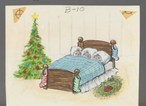 CHRISTMAS EVE Three Mice Sleeping Stockings & Tree 5.25x4 Greeting Card Art #B10