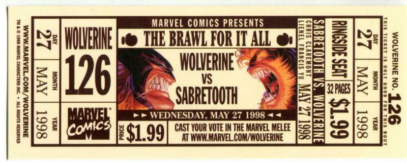 WOLVERINE vs SABRETOOTH Promo Ticket, NM, 1998, Brawl for it All, #126, Marvel 