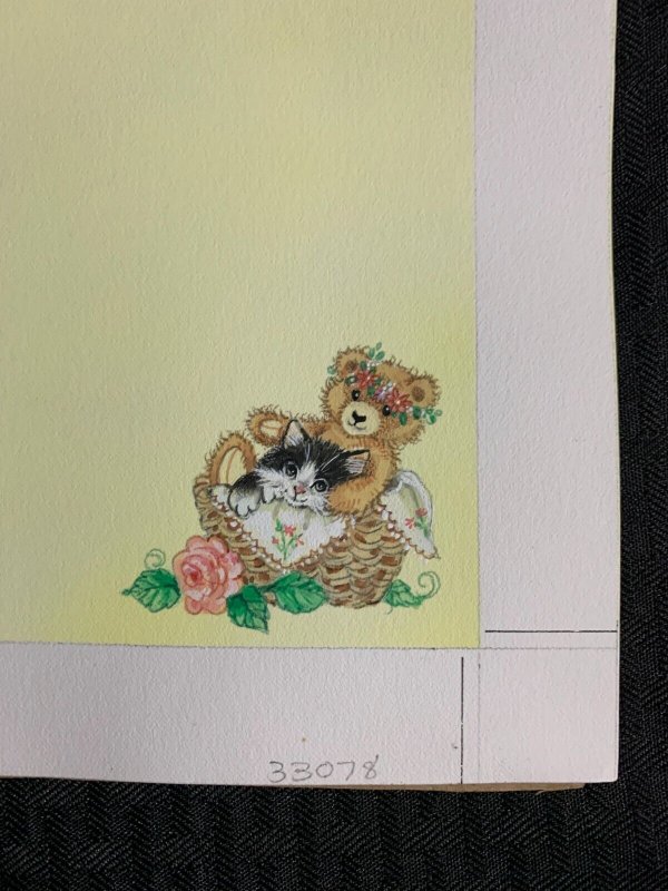 STATIONARY SHEET Cute Kitten Teddy Bear & Rose 8x10 Greeting Card Art #8050