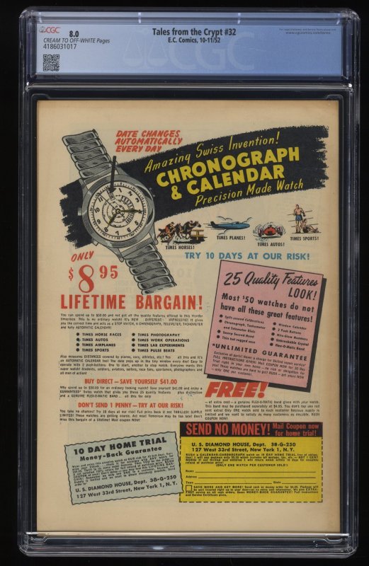 Tales From The Crypt #32 CGC VF 8.0 Jack Davis Cover Art! EC Pre-Code Horror!