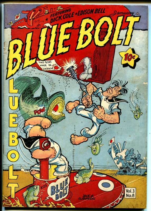 Blue Bolt Vol. 3 #8 1943-shark cover-Sub-zero-Sgt Spook-WWII era-Phantom Sub-VG 