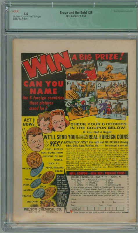 Brave & the Bold # 28 (1960) CGC Qualified 4.5 Page 10 missing Story Unaffected