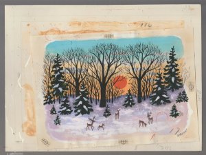 CHRISTMAS Deer in Woods with Sunset 10.5x8 Greeting Card Art #1523 