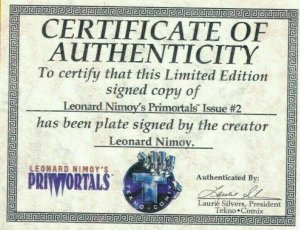 Primortals #2 VF/NM plate signed by Leonard Nimoy limited w/COA - Tekno Comix