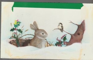 MERRY CHRISTMAS Cute Rabbit w/ Bird on Branch 8.5x5 Greeting Card Art #nn