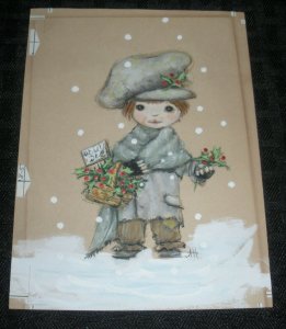 CHRISTMAS Cute Boy Selling Mistletoe in Basket 4.5x6.25 Greeting Card Art #85