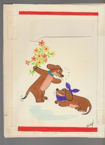 SCHNELL! Cartoon Dog Chasing with Flowers 2pcs 8x10.5 Greeting Card Art #C6531