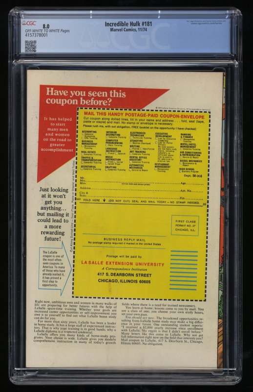 Incredible Hulk #181 CGC VF 8.0 Off White to White 1st Appearance Wolverine!