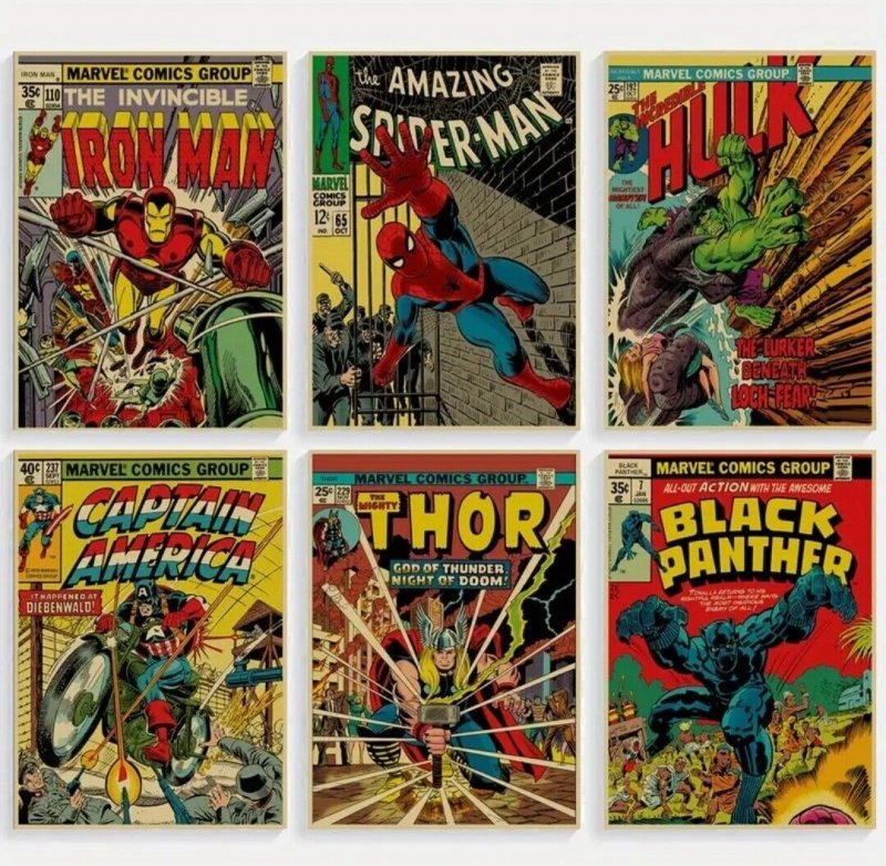 Set of 6: MARVEL AVENGERS Comic Covers Vintage Style Posters 12×16 NEW No Frame