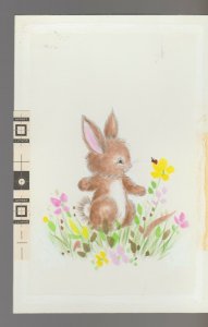 HAPPY EASTER Brown Rabbit w/ Ladybug & Flowers 4.5x7 Greeting Card Art #E2227