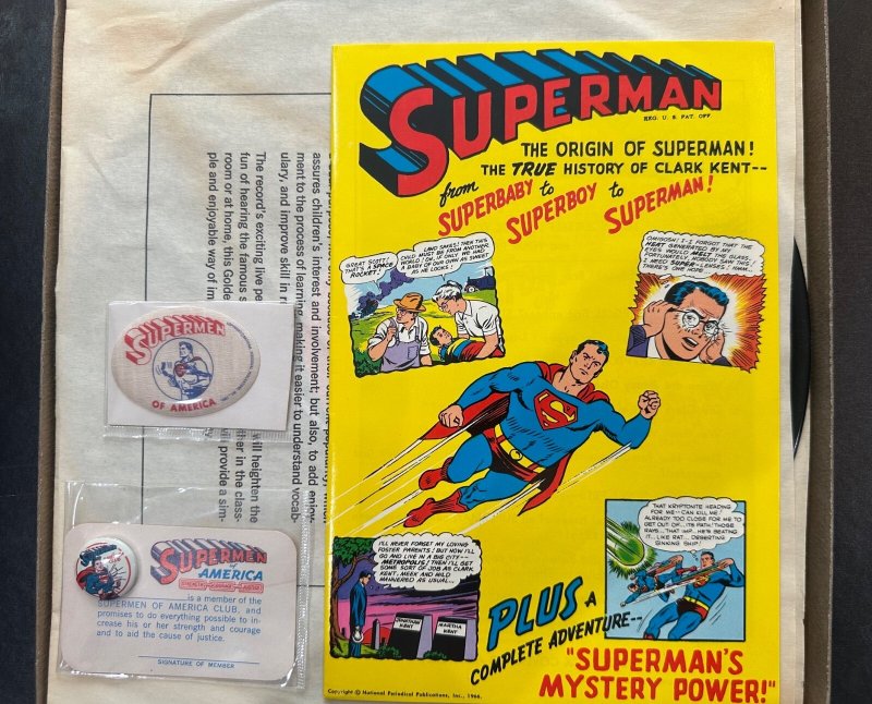 (1966) VINTAGE Superman Golden Records COMPLETE Set! Patch, Button, Card, Comic!