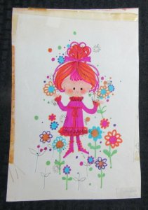 FATHERS DAY Cute Girl Magenta Dress & Flowers 7.5x11 Greeting Card Art #FD7653