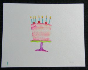 HAPPY BIRTHDAY Fun Pink Cake w/ Cherries & Candles 9x7 Greeting Card Art B8462