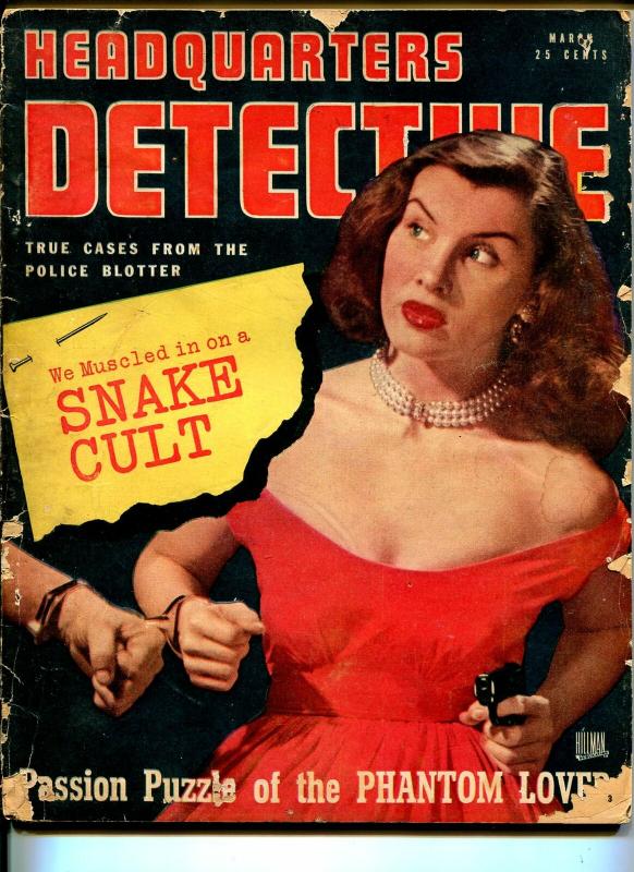 Headquarters Detective 3/1948-snake cult-gun moll cover-crime stories & pix-G