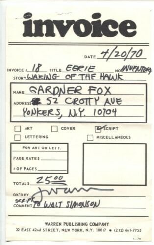 Warren Publications Original Invoice For Eerie: #18 4/20/1970-Gardner Fox-Ja... 