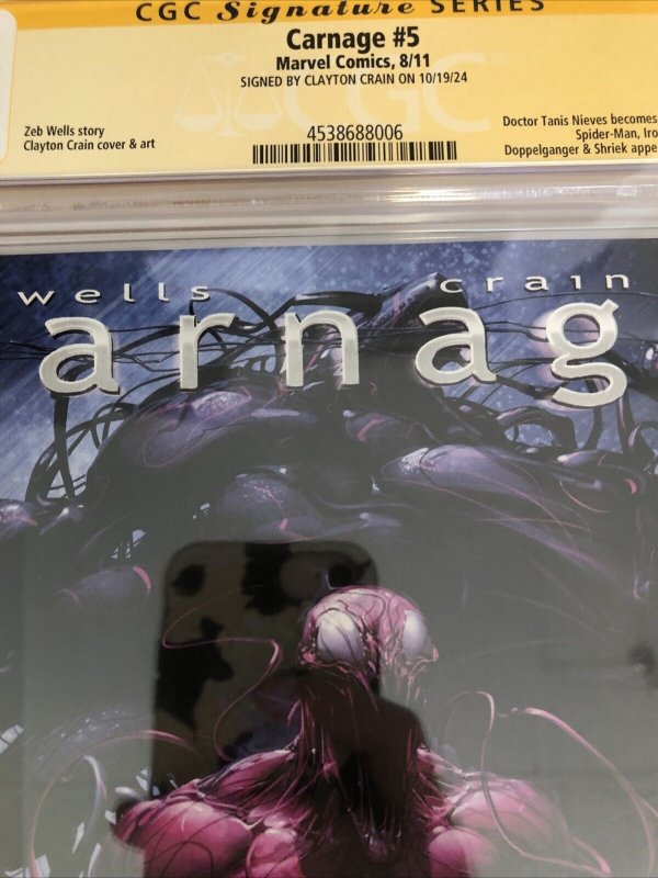 Carnage (2011) # 5 (CGC 9.8 SS) Signed Clayton Crain * Marvel Comics * Zeb Wells