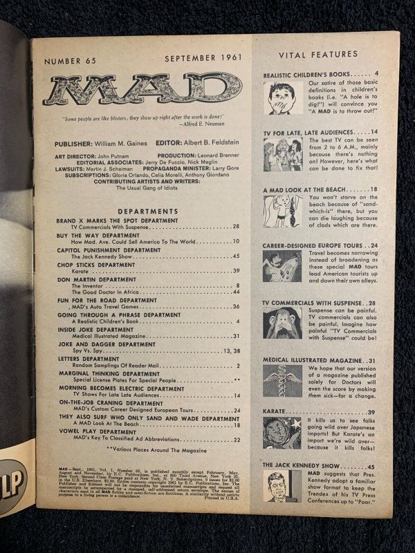 1961 MAD Magazine #65 VG- 3.5 Special Summer Travel Issue