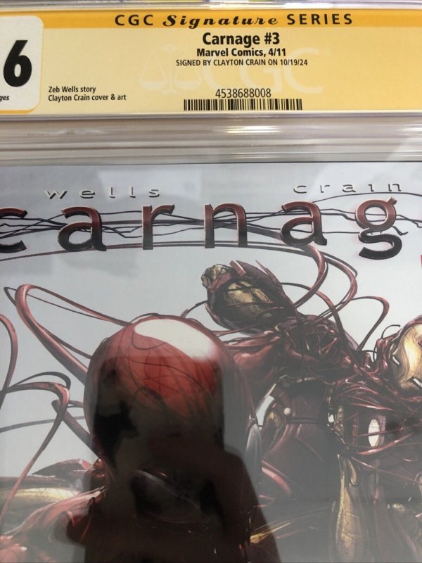 Carnage (2011) # 3 (CGC 9.6 SS) Signed Clayton Crain * Marvel Comics * Zeb Wells