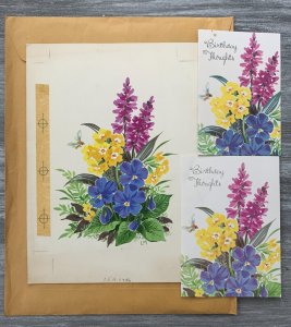BIRTHDAY THOUGHTS Blue Pink Flowers & Bee 7x9 Greeting Card Art 1746 w/ 2 Cards