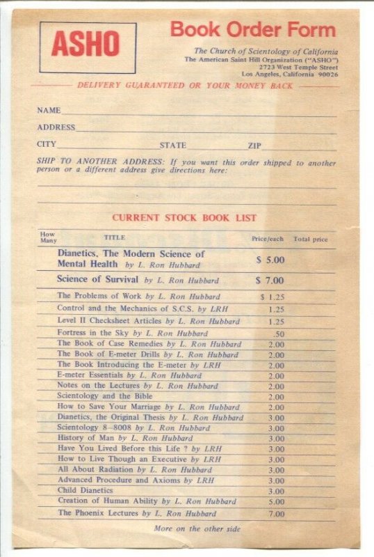 Church of Scientology Book Order Form 1972-L Ron Hubbard-variety of items-VG