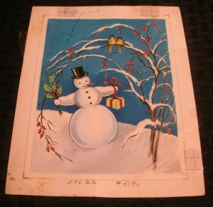 CHRISTMAS Vintage Snowman w/ Birds & Poinsettia 6x7.5 Greeting Card Art #FL22