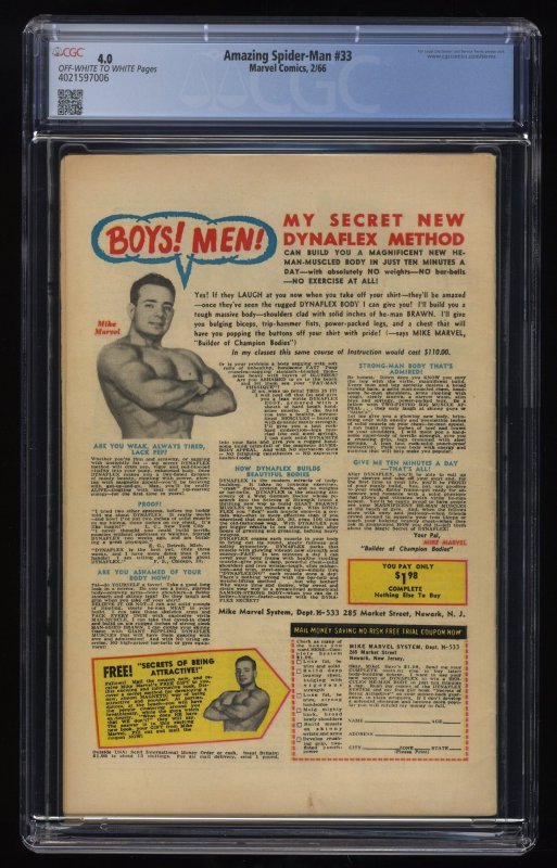 Amazing Spider-Man #33 CGC VG 4.0 Classic Cover Stan Lee Ditko!