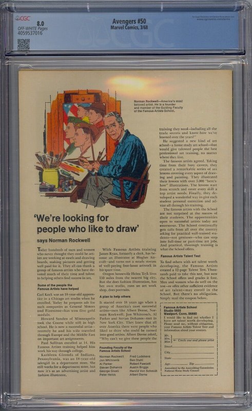 AVENGERS #50 CGC 8.0 TYPHON ZEUS ARES HERCULES LEAVES AVENGERS JOHN BUSCEMA