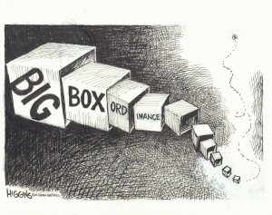 Big Box Ordinance Chicago Sun-Times Newspaper Cartoon - 2006 art by Jack Higgins