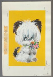 BIRTHDAY Cute Painted Shaggy Dog w/ Flowers 7.25x11 Greeting Card Art #B9870