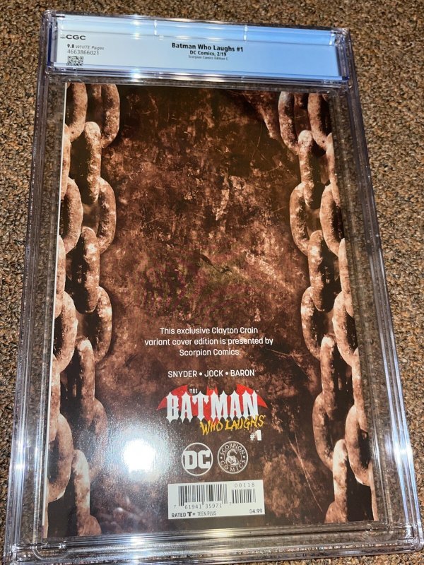 Batman Who Laughs 1, Clayton Crain, Scorpion Comics C Virgin Variant, CGC 9.8