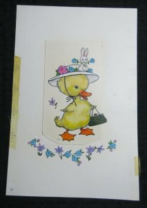 EASTER Cute Yellow Duckling with Purse & Rabbit 7.5x11 Greeting Card Art #E2466