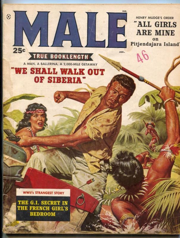 Male Magazine January 1959- Pitjendajara Island- Men's Adventure VG