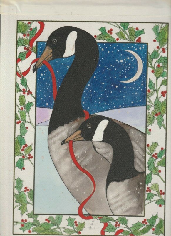 CHRISTMAS Detailed Geese w/ Ribbon & Holly Border 9x12.5 Greeting Card Art #nn