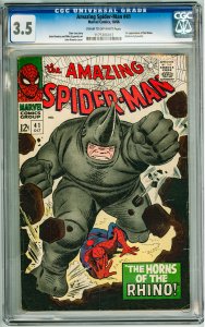The Amazing Spider-Man #41 (1966) CGC 3.5! Cream-OW Pages! 1st App of the Rhino!