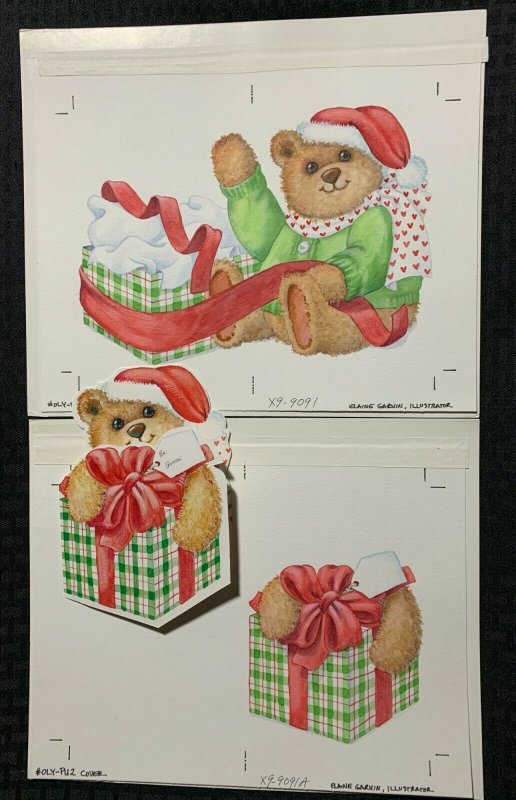 CHRISTMAS Teddy Bear & Present 2pcs 11x9 Greeting Card Art #9091AB w/ 1 Card