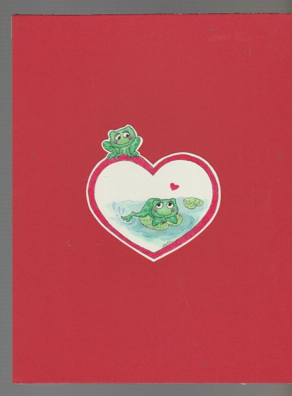 VALENTINE Cartoon Frogs on Lilly Pad in Heart 7x9 Greeting Card Art #V3605