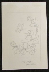 BUTTERFLY & FLOWERS Pencil Art 6.5x9.5 Greeting Card Art #nn