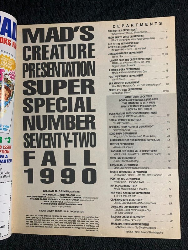 1990 Fall MAD SUPER SPECIAL Magazine #72 FN 6.0 Geeks Freaks and Beasts 96pgs
