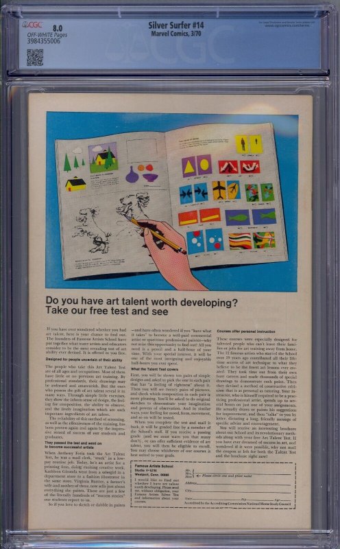 Silver Surfer #14 1970 Marvel Comics CGC 8.0 Spider-Man app