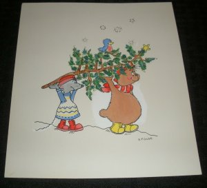 MERRY CHRISTMAS Cartoon Cat Mouse & Bird w/ Tree 7x8.25 Greeting Card Art #FL54