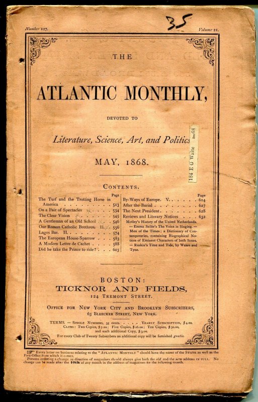 Atlantic Monthly 5/1868-pulp format-unique-rare-145 years old-VG
