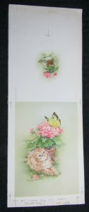 KITTEN with Pink Rose & Butterfly 2-Panels 5.5x14 Greeting Card Art #211