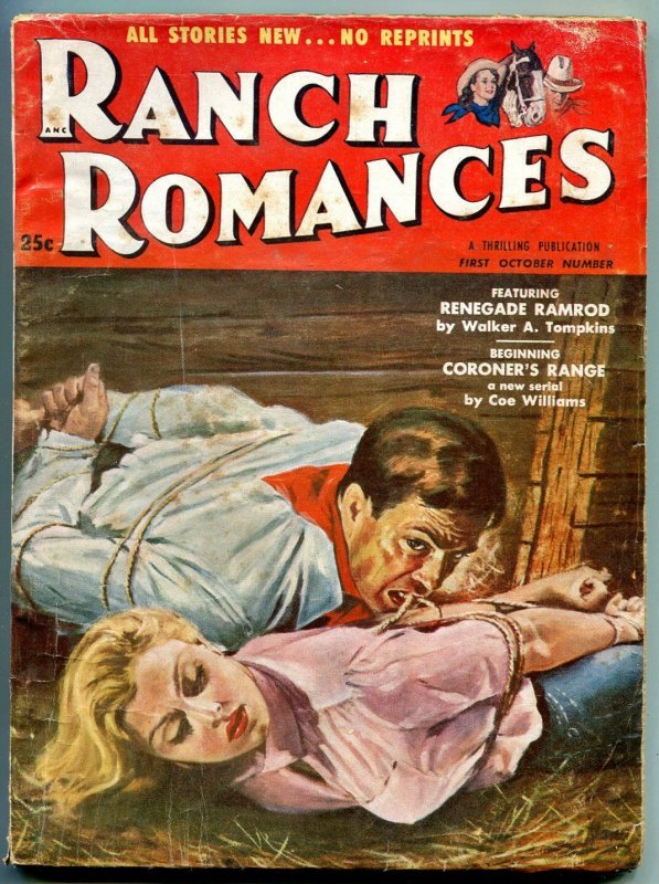 Ranch Romances Pulp 1st October 1954-Wild cover- Renegade Ramrod VG+