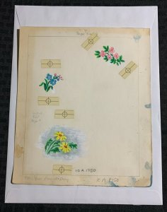 YELLOW PINK & BLUE FLOWER Spot illustartions 8x9.5 Greeting Card Art #1750