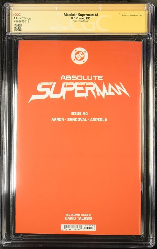 ABSOLUTE SUPERMAN #4 1:50 TALASKI VIRGIN VAR SIGNED RAFA SANDOVAL CGC SS 9.8 NM