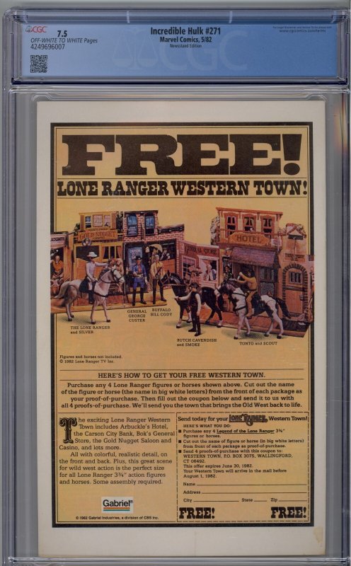 Incredible Hulk #271 1982 Marvel Comics CGC 7.5 1st app Rocket Raccoon Newsstand